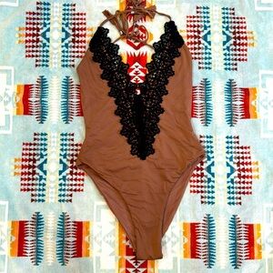 Blue Life One Piece Bathing Suit Brown with Black Lace Trim Medium Sexy Cheeky